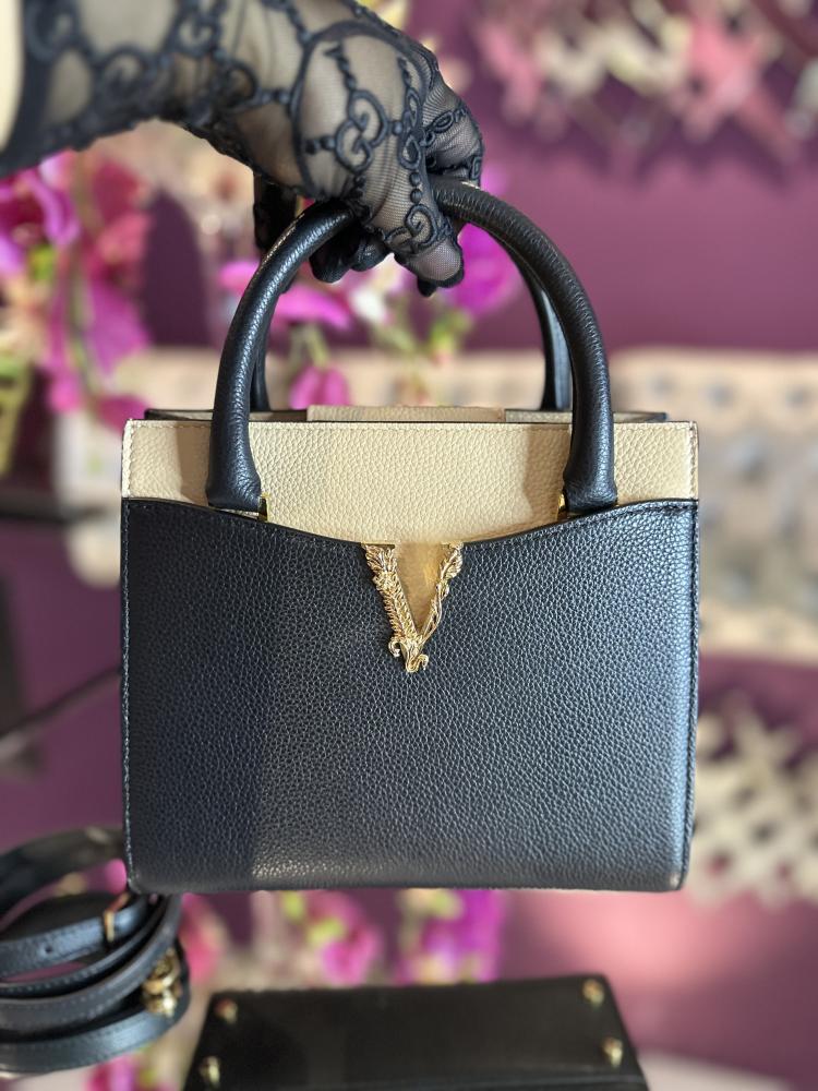 فيرزاتشي سمول فيرتوس | Versace Grainy Calfskin Virtus Top Handle Tote.