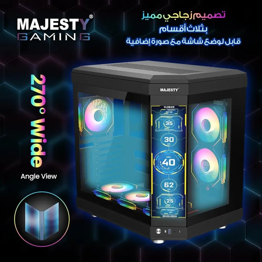 كيس كمبيوتر Majesty MAVERA Mid Tower - 6 مراوح ARGB Infinity Mirror - منفذ Type-C - أسود