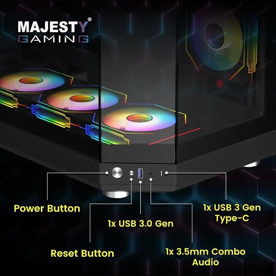 كيس كمبيوتر Majesty MAVERA Mid Tower - 6 مراوح ARGB Infinity Mirror - منفذ Type-C - أسود