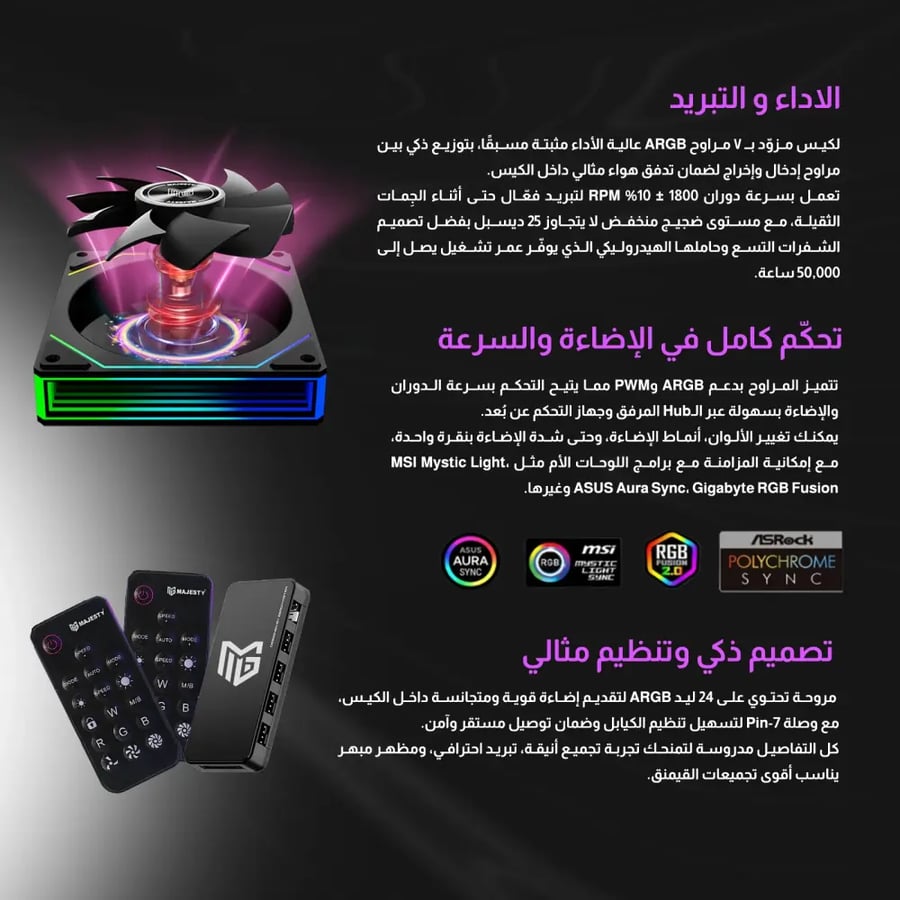 كيس كمبيوتر Majesty RAAD Mid Tower - 6 مراوح ARGB Infinity - دعم Back-Connected - أبيض