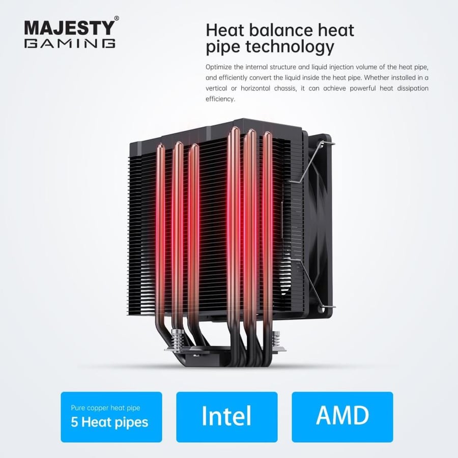مبرد هوائي Majesty MAJ5-200 بـ5 أنابيب حرارية 200W TDP ومروحة 120mm ARGB PWM - أبيض