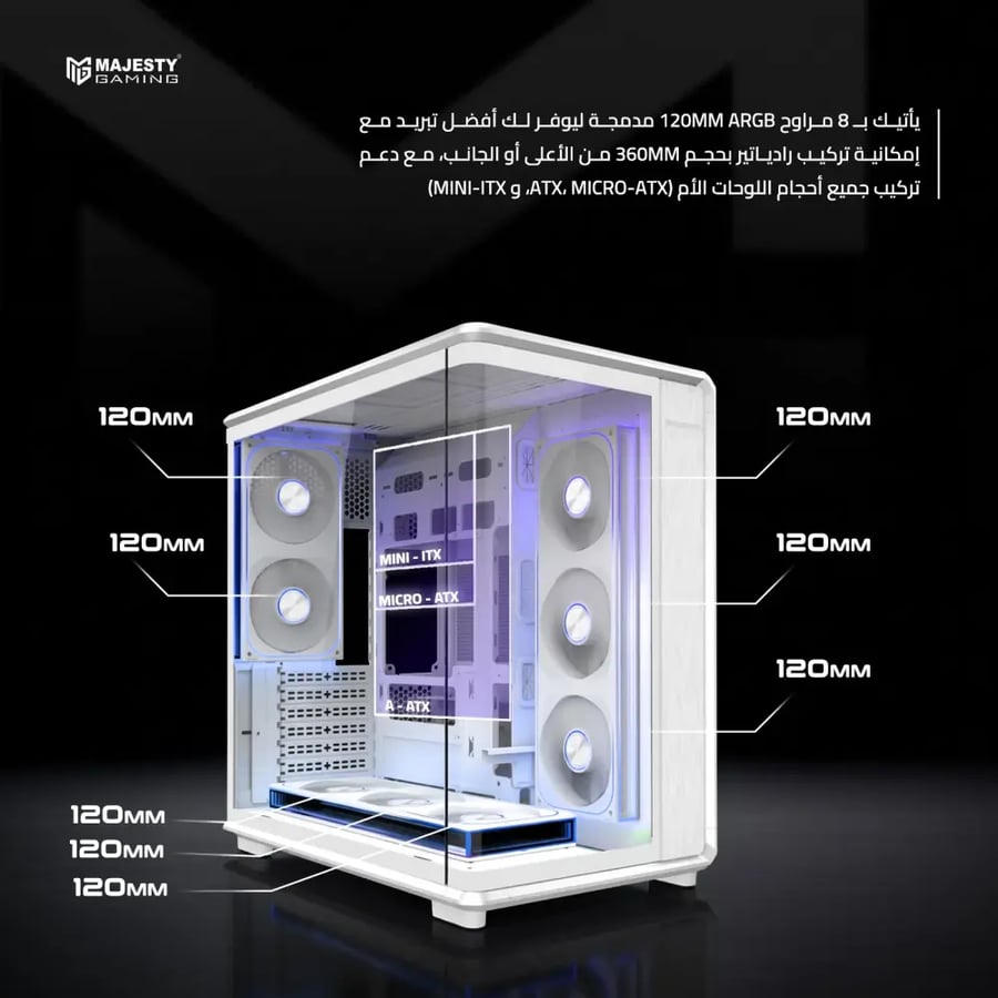 كيس كمبيوتر Majesty TITAN Mid Tower - 8 مراوح ARGB Infinity - دعم Back Connected - أبيض