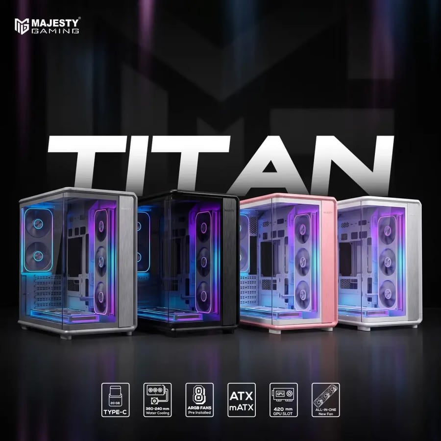 كيس كمبيوتر Majesty TITAN Mid Tower - 8 مراوح ARGB Infinity - دعم Back Connected - زهري