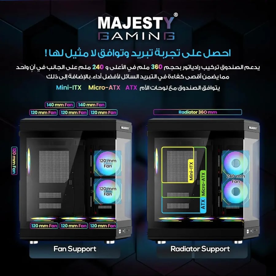 كيس كمبيوتر Majesty MAVERA Mid Tower - 6 مراوح ARGB Infinity Mirror - منفذ Type-C - أسود