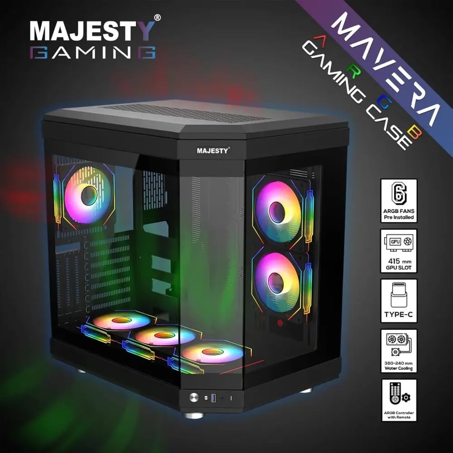 كيس كمبيوتر Majesty MAVERA Mid Tower - 6 مراوح ARGB Infinity Mirror - منفذ Type-C - أسود