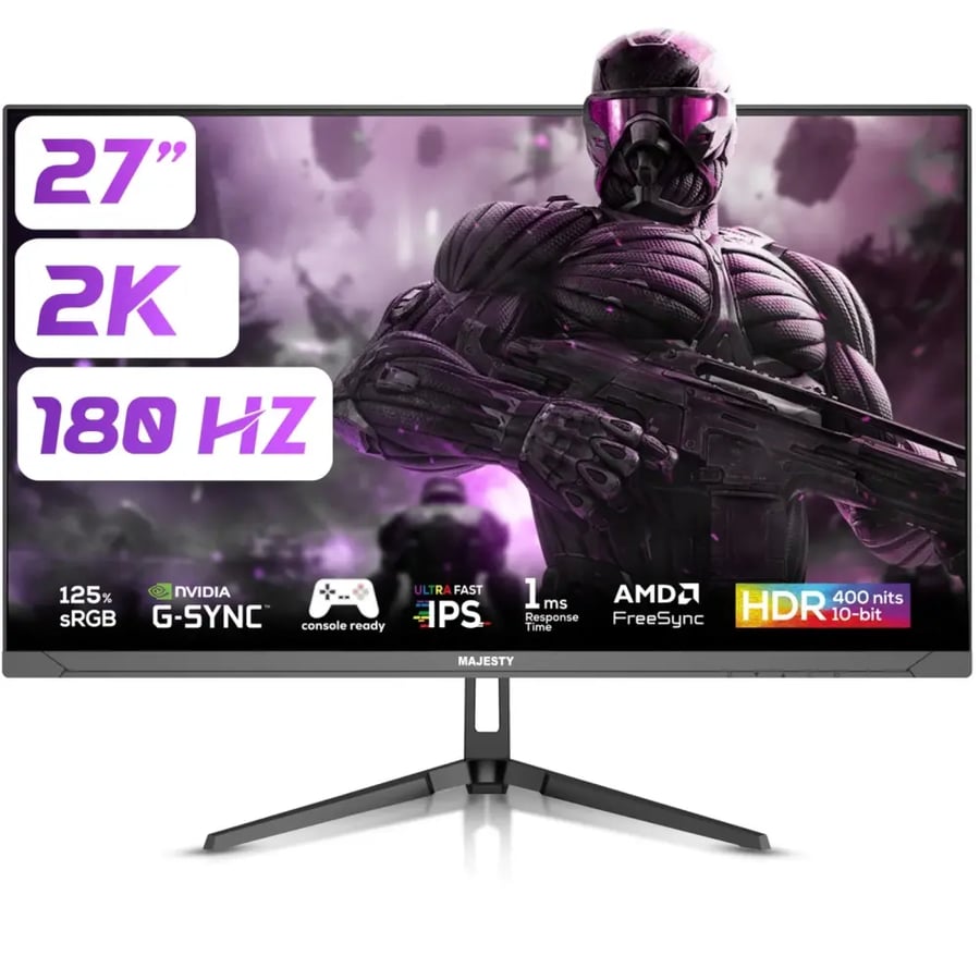 شاشة ألعاب Majesty 27 بوصة QHD Fast IPS 180Hz 1ms - أسود