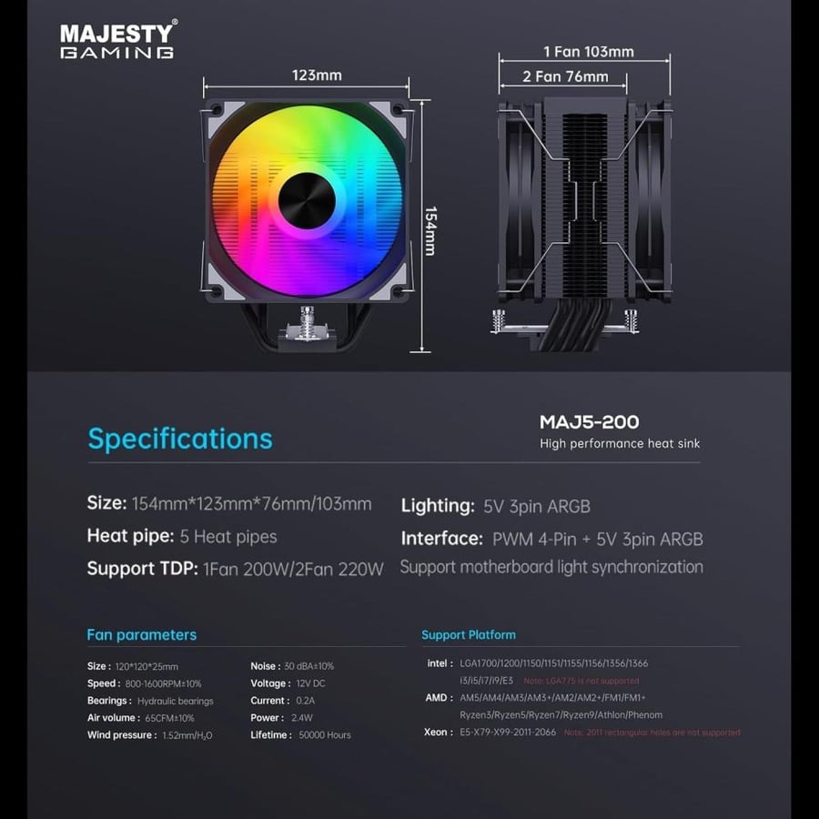 مبرد هوائي Majesty MAJ5-200 بـ5 أنابيب حرارية 200W TDP ومروحة 120mm ARGB PWM - أبيض