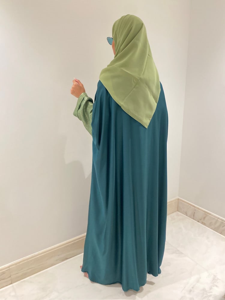 عبايه قطن ايطالي زيتيه مع كم لينن اخضر