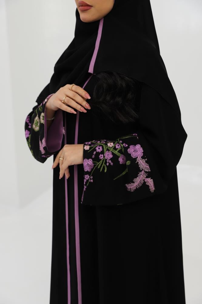 Abaya with embroidered sleeves in purple color (712)