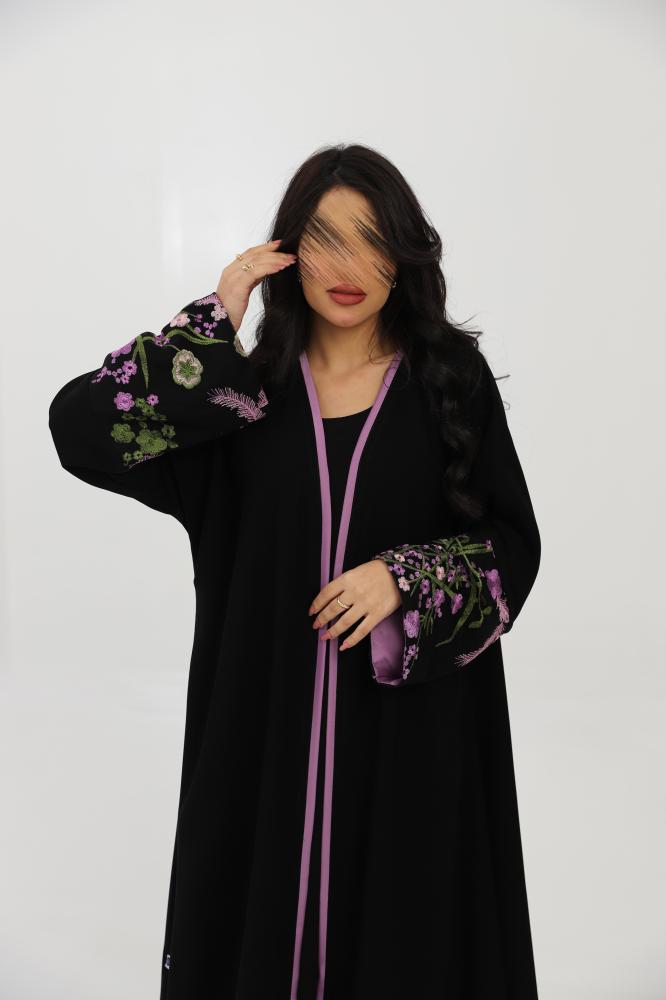 Abaya with embroidered sleeves in purple color (712)