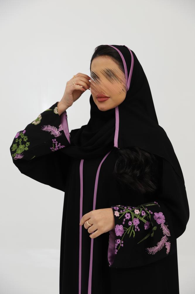 Abaya with embroidered sleeves in purple color (712)