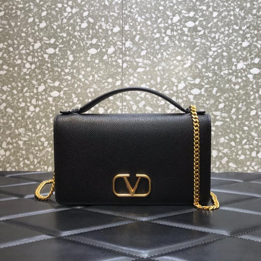 VALENTINO GARAVANI Valentino Garavani VLogo Signature Grainy Calfskin Wallet with Chain