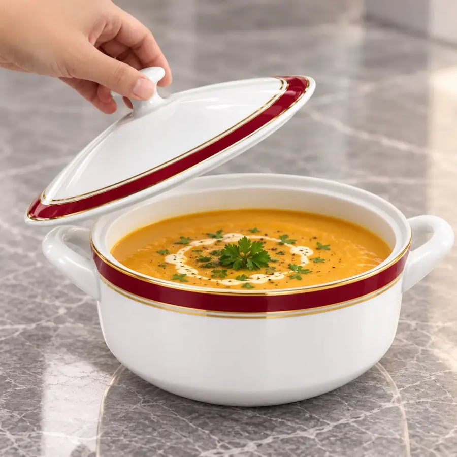 وعاء شوربة سعة 1.2 لتر مزين بخط ذهبي و عنابي