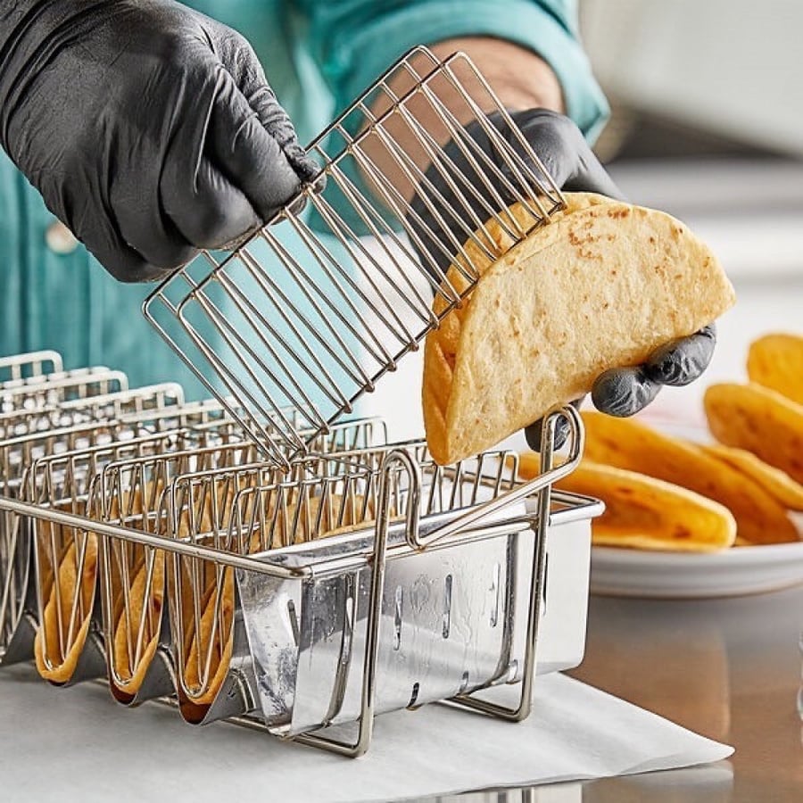 Taco fry basket divided into 8 sections - 12" x 6 1/2" x 4 1/2" 8-slot nickel-plated steel taco fry basket
