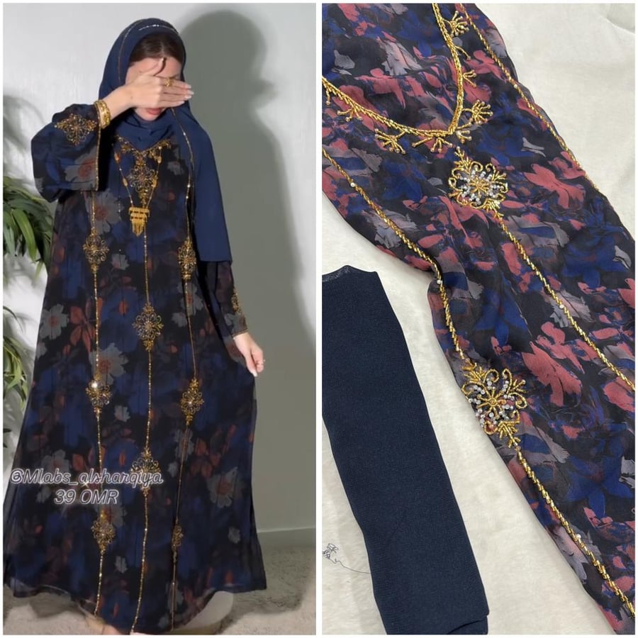 شيفون مشجر شغل يدوي خرز مع شيله ساده (بدون بطانه)