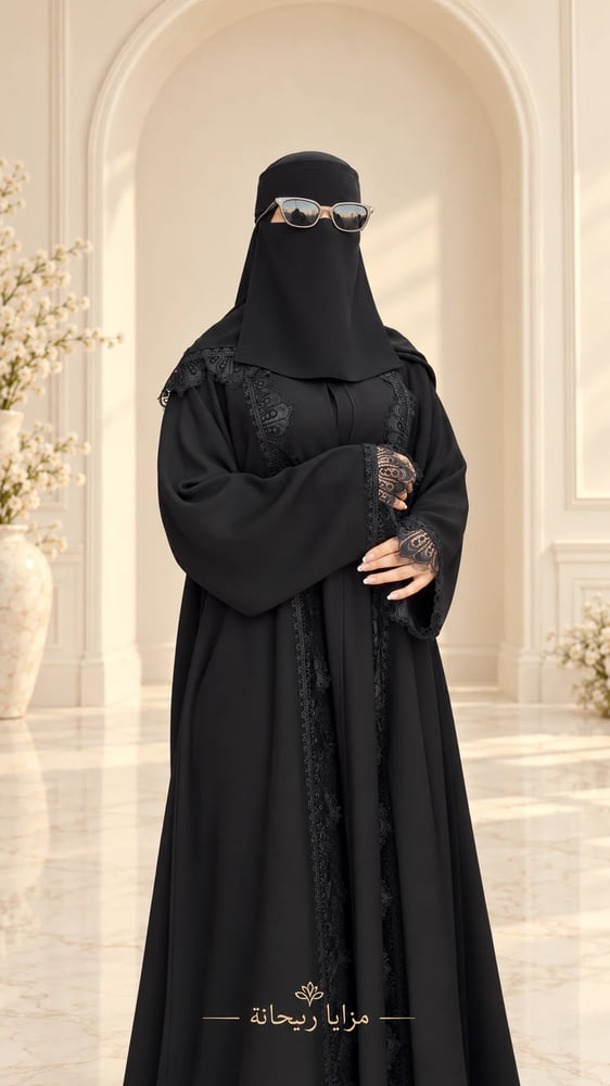عباية إنترنت نص كلوش بالدانتيل مع طرحة بنفس التصميم