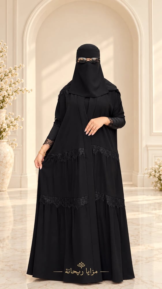 عباية إنترنت نص كلوش بطبقات دانتيل مع طرحة