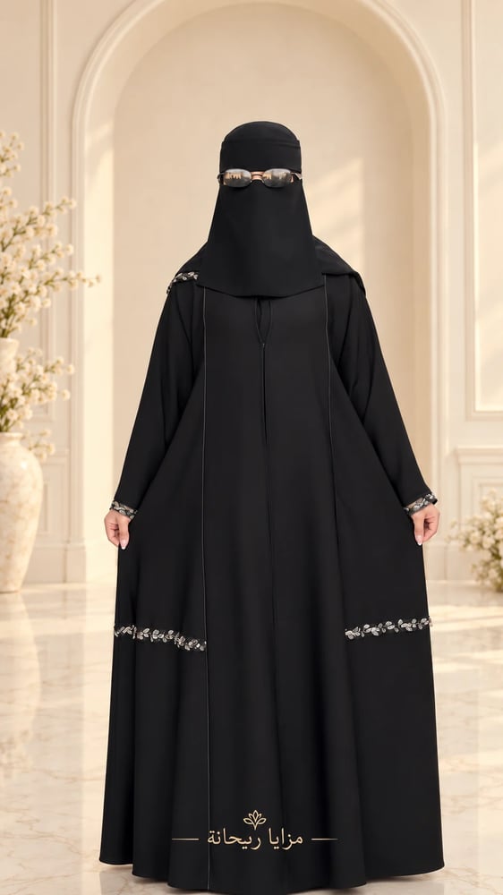 عباية إنترنت نص كلوش بتطريز وشك يدوي مع طرحة