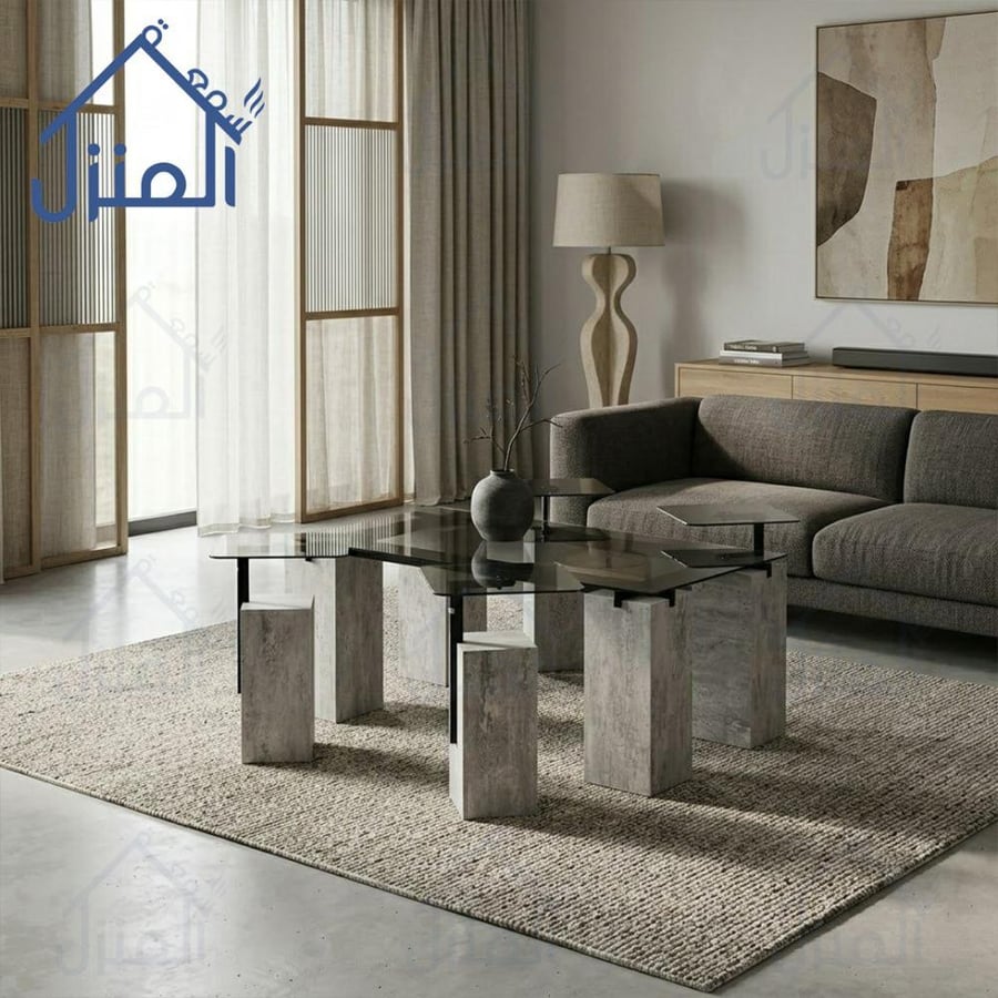 طقم طاولات قهوة مودرن 5 قطع سطح زجاج مع قواعد بديل حجر