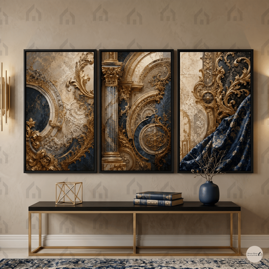 لوحات جدارية ثلاثية بتصميم قصور كلاسيكية وزخارف ذهبية طباعة كانفس