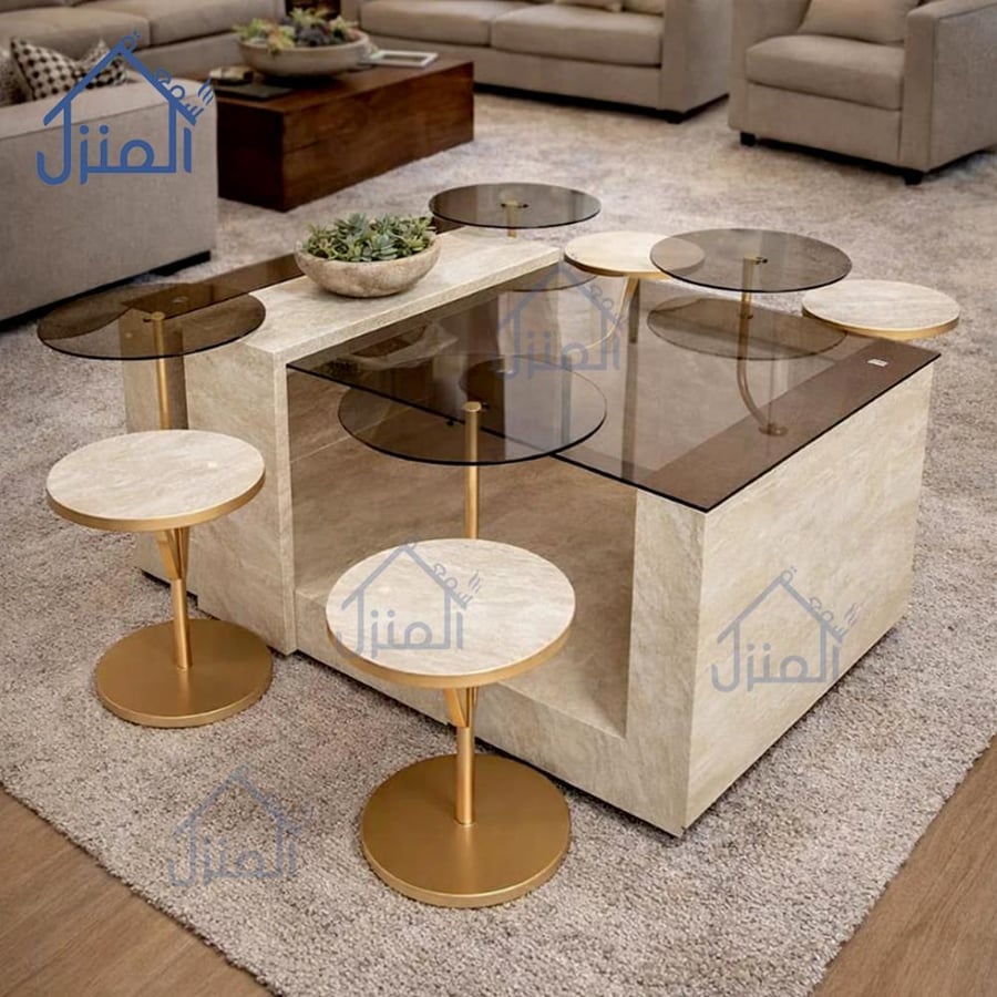 طقم طاولات قهوة مودرن بديل الحجر مع سطح زجاجي