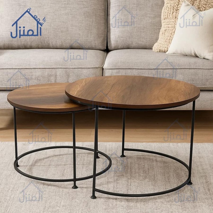طاولة وسط مودرن خشب مع 6 طاولات جانبية وقاعدة معدنية تصميم عصري