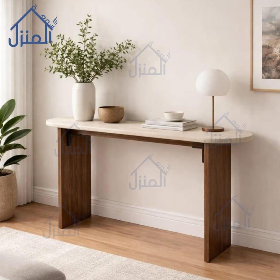 طاولة كونسول بسطح أبيض وقاعدة خشبية أنيقة بتصميم مودرن