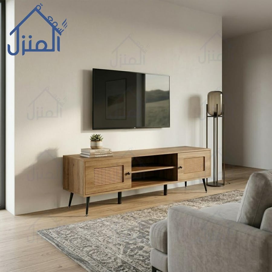 طاولة تلفزيون خشب مودرن بتصميم شبكي وأرجل حديد