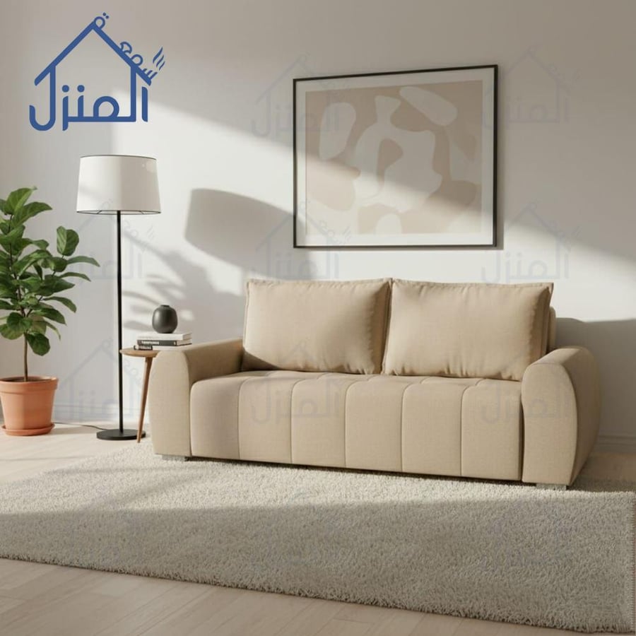 كنبة مودرن ثلاثية بقماش بيج بتصميم معاصر وجلسات مبطنة مريحة