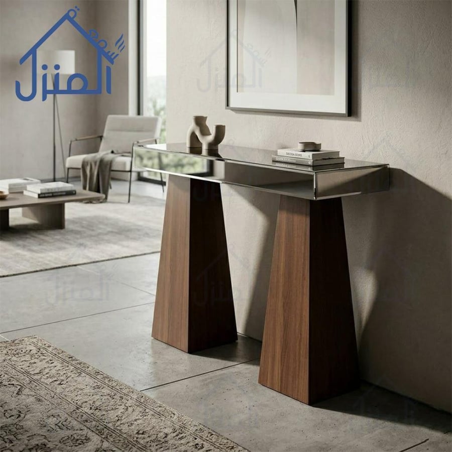 طاولة كونسول بسطح زجاجي وأرجل خشبية بتصميم عصري للمداخل