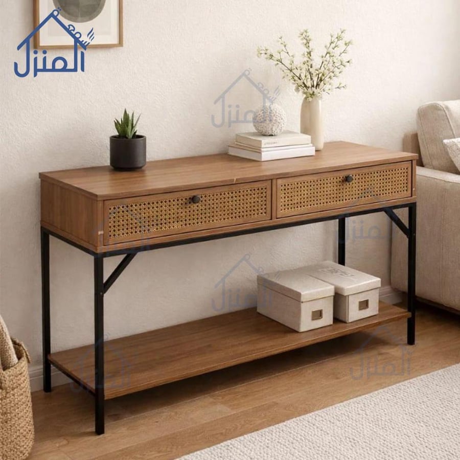 طاولة كونسول خشبية بتصميم فاخر وحديث مع درجين ورف سفلي