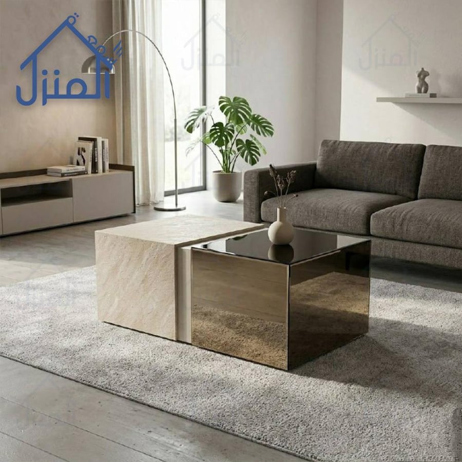 طاولة وسط مربعة بتصميم مزدوج من الزجاج وبديل الحجر بطابع معماري فاخر