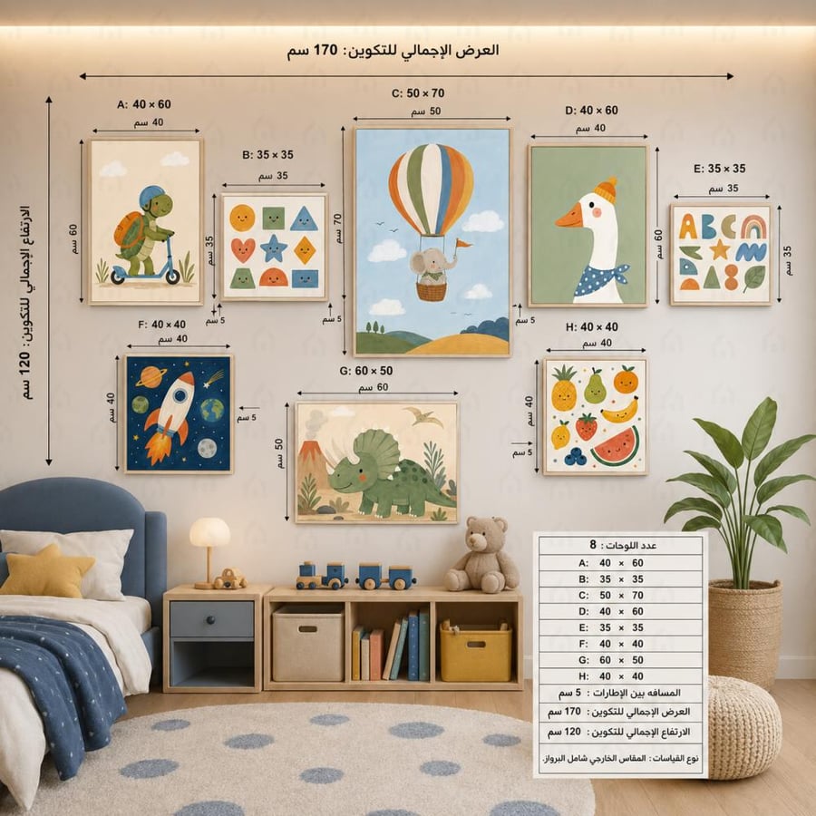 تشكيلة لوحات جدارية أطفال حيوانات وأشكال تعليمية طباعة كانفس