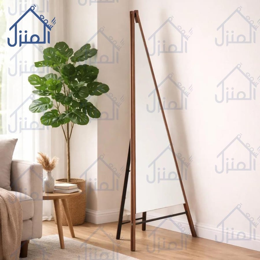 مراية ستاند أرضية بإطار خشبي مائل تصميم أنيق بلمسة طبيعية