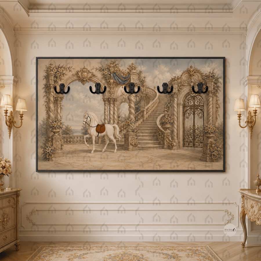 لوحة علاقات عبايات بحصان وقصر كلاسيكي بيج وذهبي طباعة كانفس