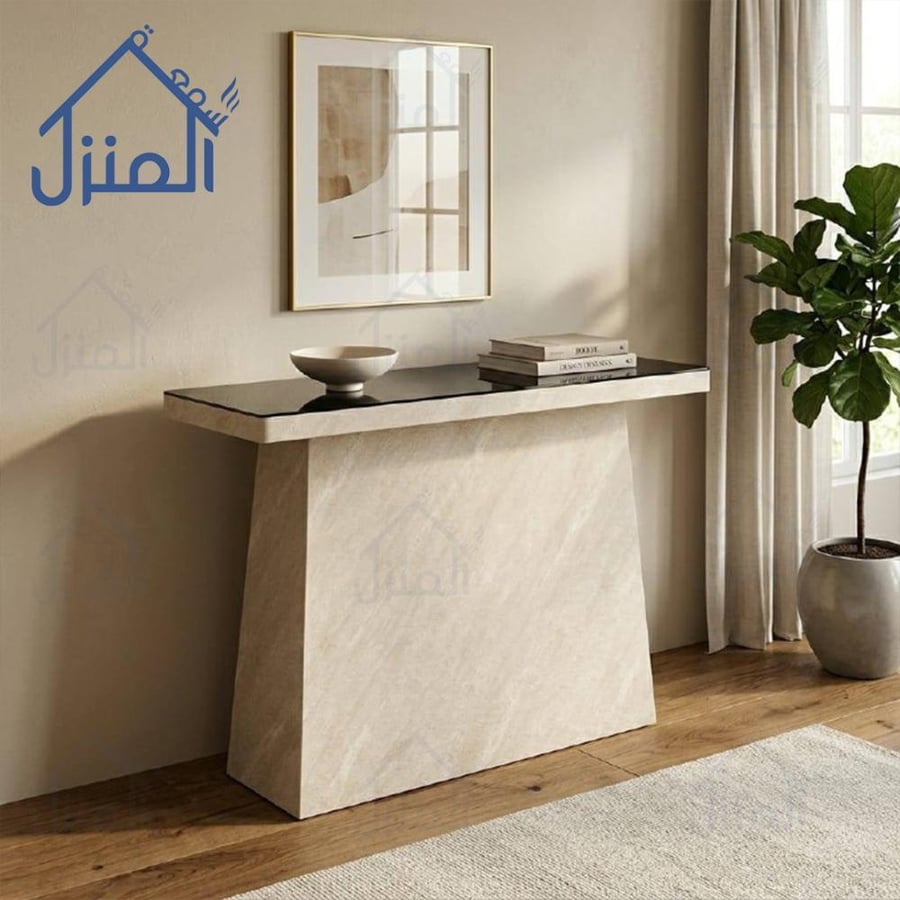 طاولة كونسول بسطح زجاج وقاعدة بديل حجر بيج بتصميم مودرن