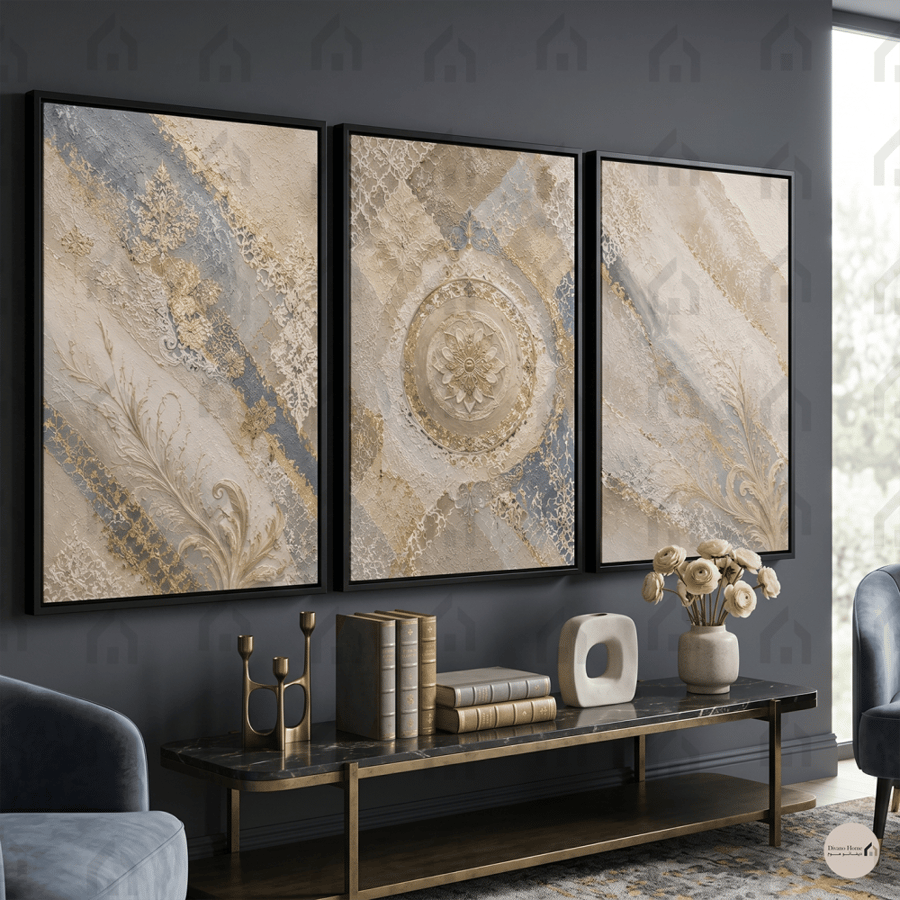 لوحات جدارية ثلاثية بتصميم تجريدي فاخر بلمسات ذهبية ورمادية كانفس
