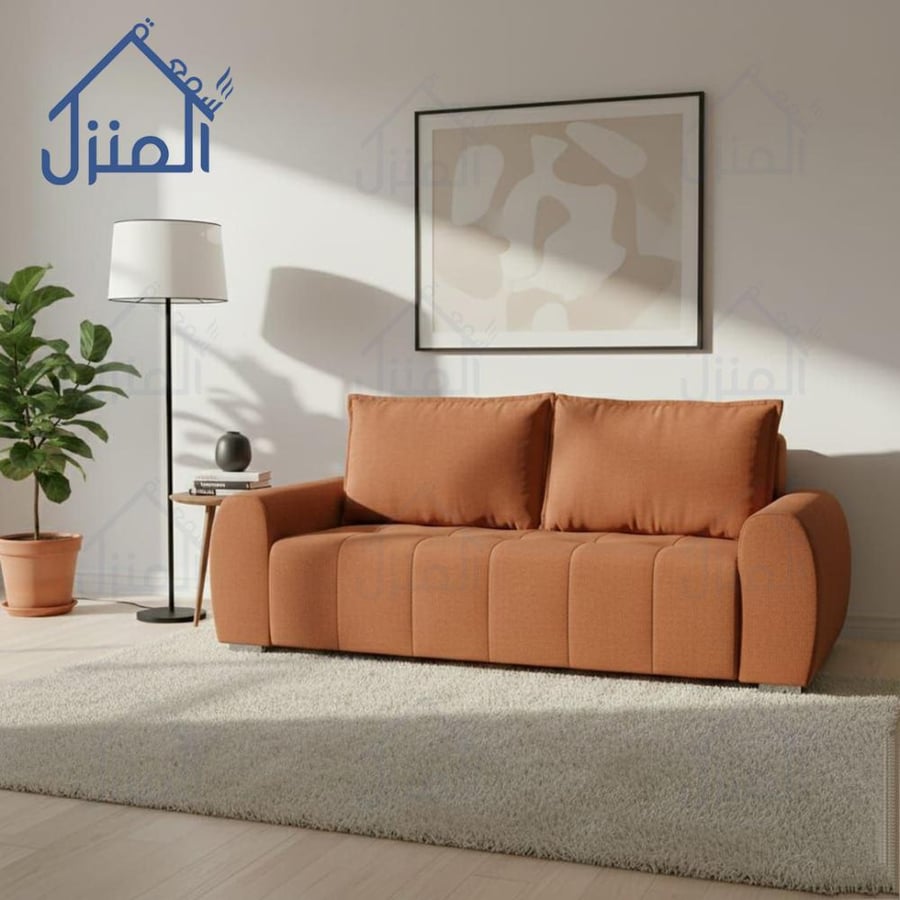 كنبة مودرن ثلاثية بقماش برتقالي محروق بتصميم معاصر وجلسات مبطنة مريحة