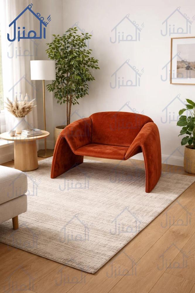 كرسي استرخاء بتصميم مقوس باللون البرتقالي المحروق وجلسة مبطنة واسعة