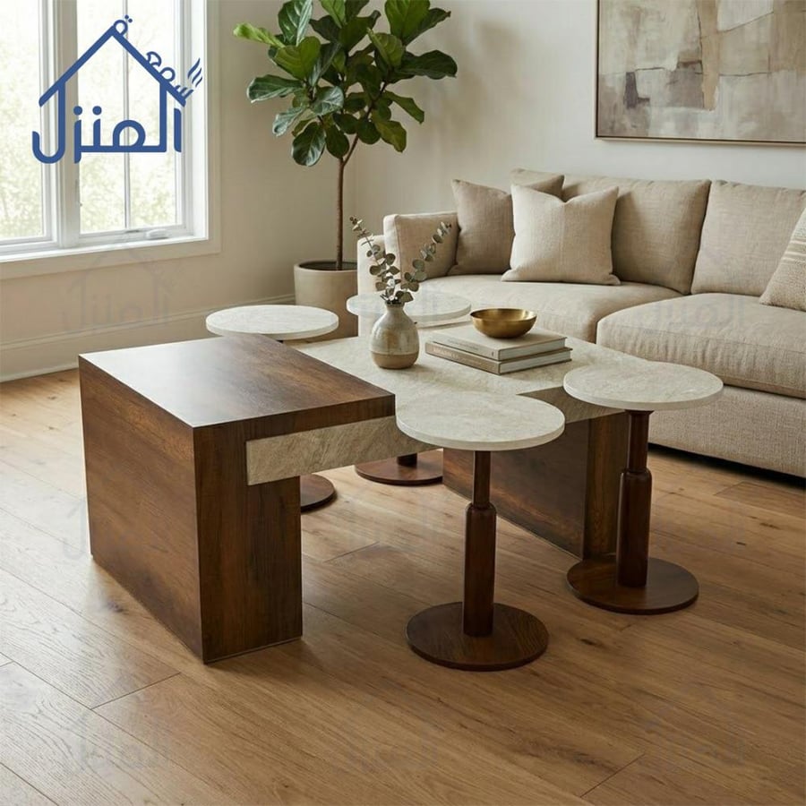 طقم طاولات قهوة مودرن 5 قطع بديل حجر مع خشب بتصميم عملي وأنيق لغرفة ال