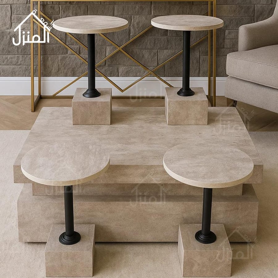 طقم طاولات قهوة مودرن بديل حجر مع طاولات خدمة دائرية تصميم فاخر للصالات