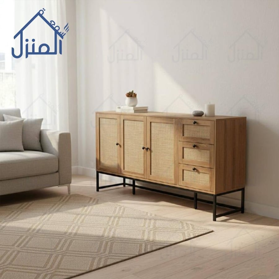 بوفيه مودرن بسطح خشبي وأبواب راتان طبيعي وقاعدة معدنية سوداء متعددة