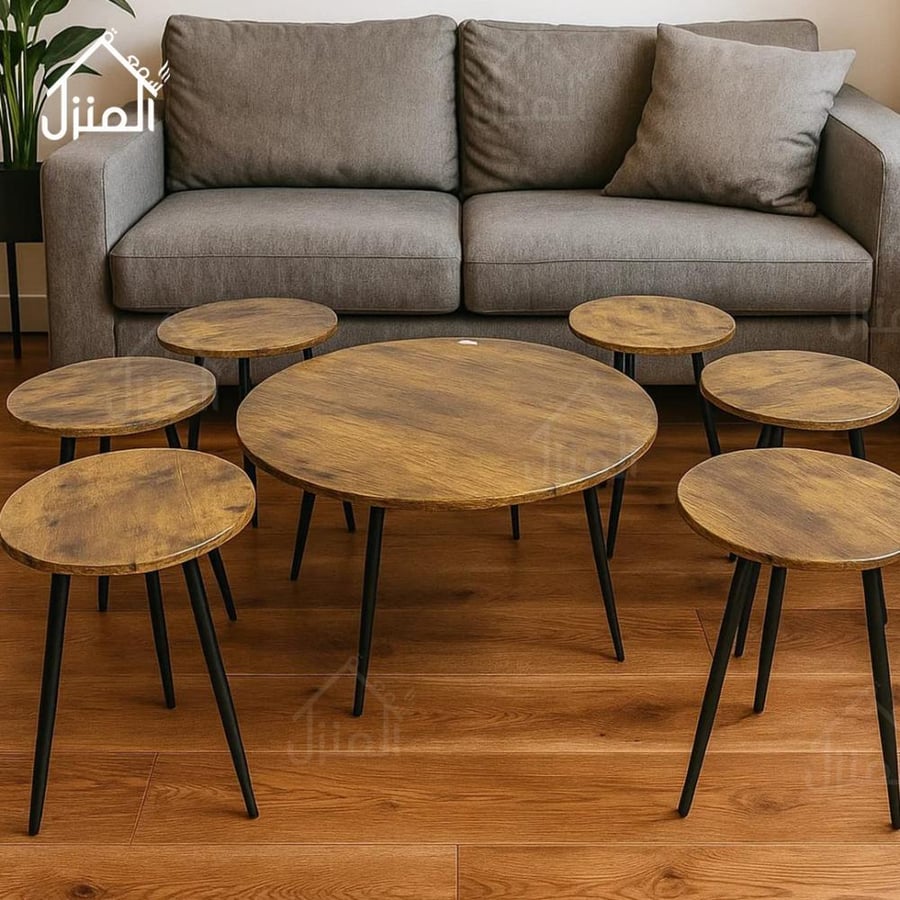 طاولة قهوة دائرية مع طاولات جانبية تصميم عصري خشبي وأرجل معدنية