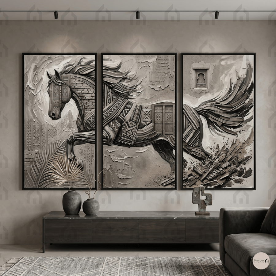 لوحات جدارية ثلاثية بخيل عربي وزخارف تراثية بتصميم فني طباعة كانفس