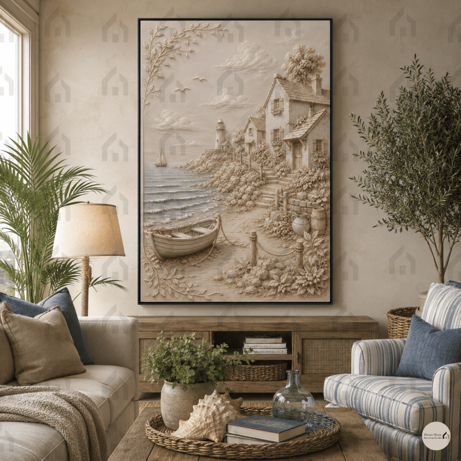 لوحة جدارية قرية ساحلية وقارب بتصميم كلاسيكي طباعة كانفس