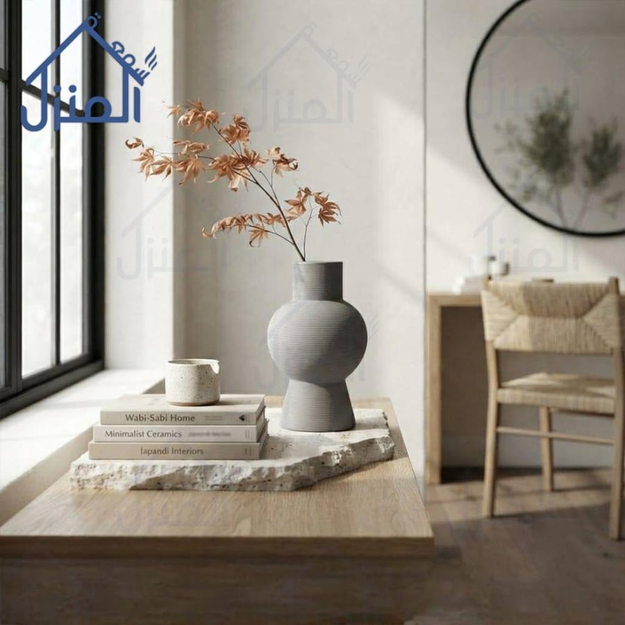 فازة ديكور رمادية بتصميم كروي هندسي وقاعدة أسطوانية بملمس مخطط عصري