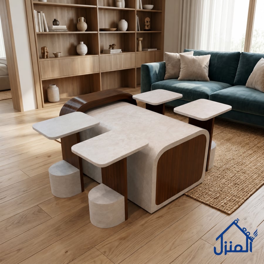 طقم طاولات وسط بديل حجر بتصميم منحني - 5 قطع