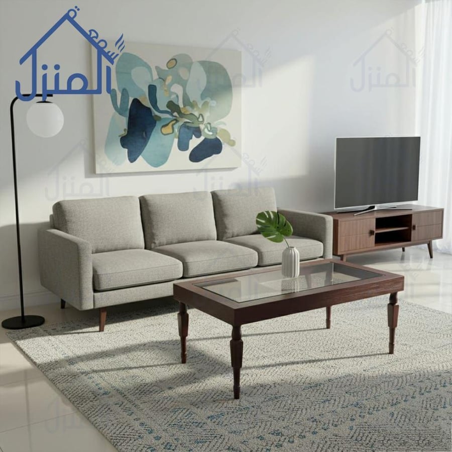 طاولة وسط مستطيلة بسطح زجاج شفاف وإطار خشبي وأرجل منحوتة بطابع كلاسيكي