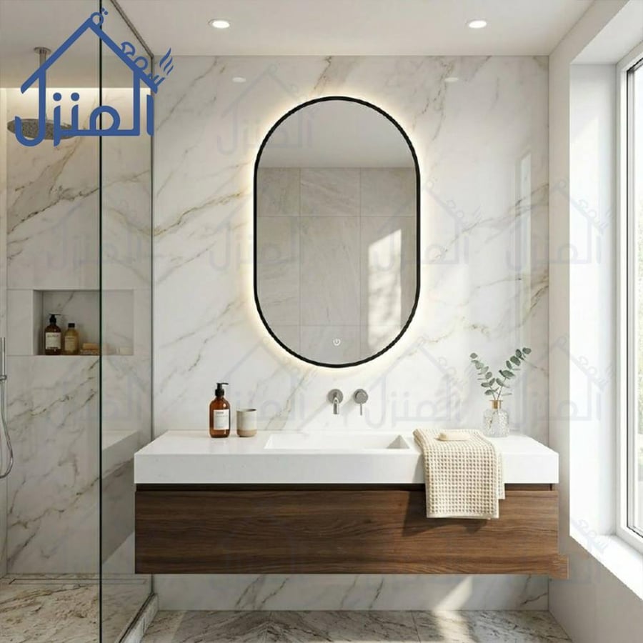 مرآة حمام ليد فاخرة بتصميم بيضاوي وإضاءة محيطية LED