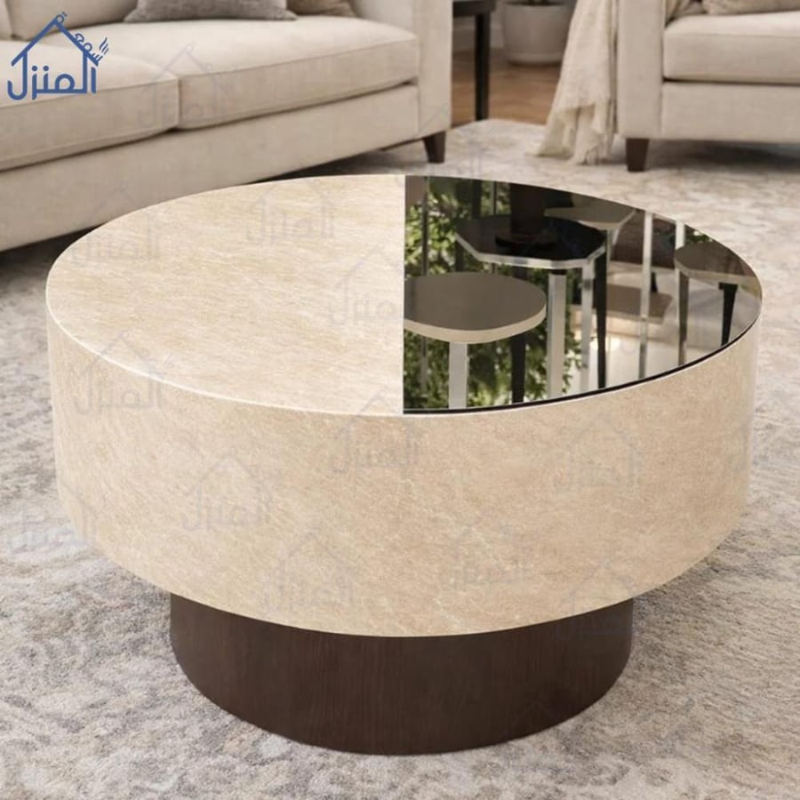 طاولة وسط قهوة دائرية بسطح بديل الحجر والزجاج الأسود بتصميم فاخر